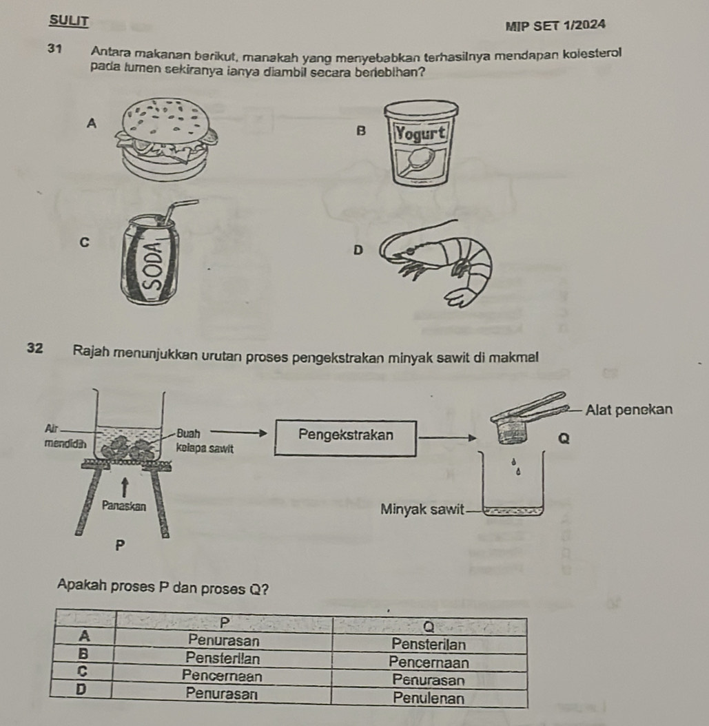 SULIT
MIP SET 1/2024
31 Antara makanan berikut, manakah yang menyebabkan terhasilnya mendapan kolesterol
pada lumen sekiranya ianya diambil secara beriebihan?
A
B Yogui
C
D
32 Rajah menunjukkan urutan proses pengekstrakan minyak sawit di makmal
Apakah proses P dan proses Q?