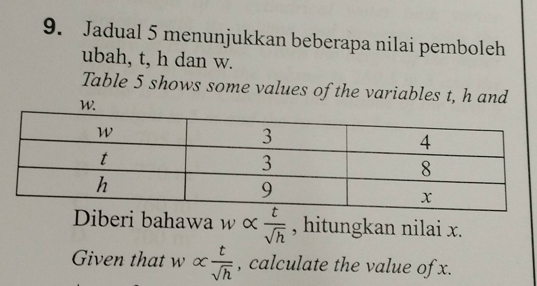 Jadual 5 menunjukkan beberapa nilai pemboleh 
ubah, t, h dan w. 
Table 5 shows some values of the variables t, h and
W
Diberi bahawa w ∝  t/sqrt(h)  , hitungkan nilai x. 
Given that w alpha  t/sqrt(h)  , calculate the value of x.