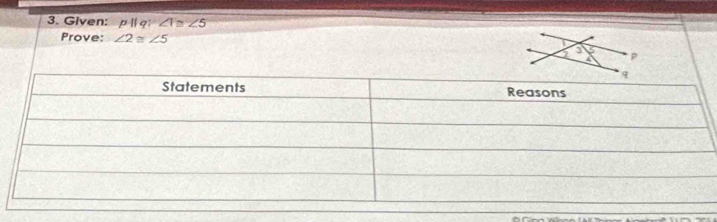 Given: p||q|<1≌ ∠ 5
Prove: ∠ 2≌ ∠ 5