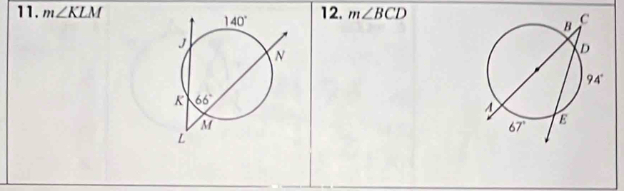 m∠ KLM 12. m∠ BCD