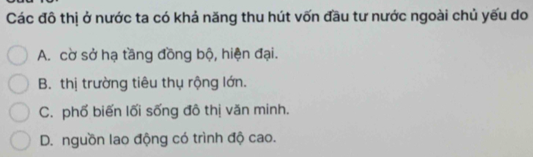 Các đô thị ở nước ta có khả năng thu hút vốn đầu tư nước ngoài chủ yếu do
A. cờ sở hạ tầng đồng bộ, hiện đại.
B. thị trường tiêu thụ rộng lớn.
C. phố biến lối sống đô thị văn minh.
D. nguồn lao động có trình độ cao.