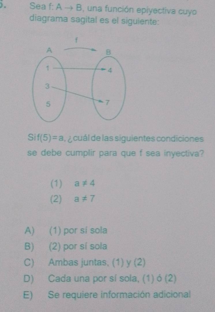 ) . Sea f: Ato B , una función epiyectiva cuyo
diagrama sagital es el siguiente:
Si f(5)=a l cuál de las siguientes condiciones
se debe cumplir para que f sea inyectiva?
(1) a!= 4
(2) a!= 7
A) (1) por sí sola
B) (2) por sí sola
C) Ambas juntas, (1) y (2)
D) Cada una por sí sola, (1) ó (2)
E) Se requiere información adicional