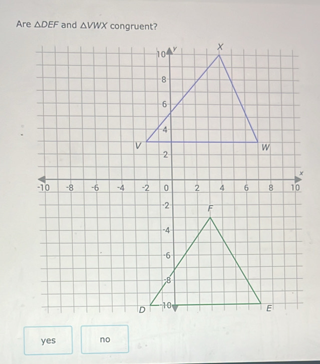 Are △ DEF and △ VWX congruent?
yes no