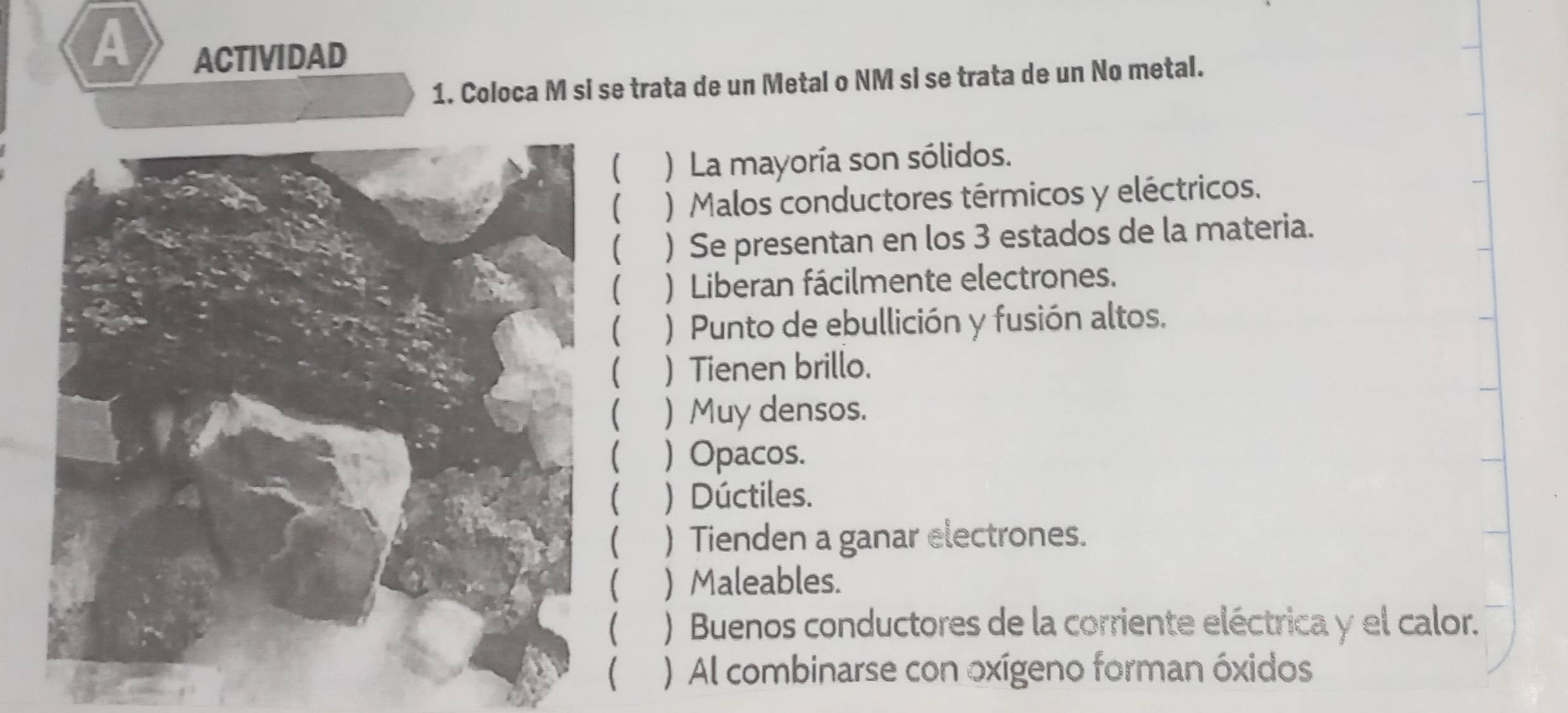 A 
ACTIVIDAD 
1. Coloca M si se trata de un Metal o NM si se trata de un No metal. 
[ ) La mayoría son sólidos. 
) Malos conductores térmicos y eléctricos. 
【 ) Se presentan en los 3 estados de la materia. 
) Liberan fácilmente electrones. 
) Punto de ebullición y fusión altos. 
) Tienen brillo. 
) Muy densos. 
( ) Opacos. 
( ) Dúctiles. 
 ) Tienden a ganar electrones. 
) Maleables. 
) Buenos conductores de la corriente eléctrica y el calor. 
) Al combinarse con oxígeno forman óxidos