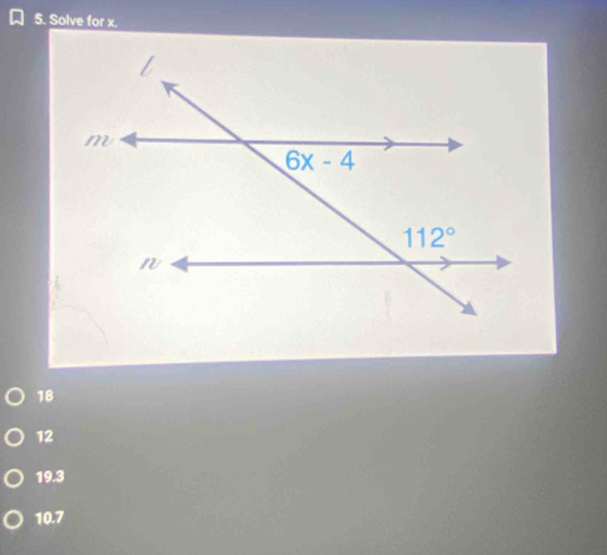 Solve for x.
18
12
19.3
10.7