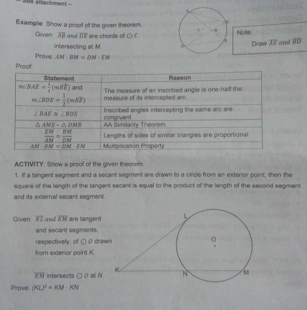 366 attachment - 
Example: Show a proof of the given theorem 
Given: overline AB and overline DE are chords of odot C Note: 
intersecting at MDraw overline AE and overline BD
Prove AM· BM=DM· EM
Proof: 
Statement Reason
m∠ BAE= 1/2 (mwidehat BE)an H The measure of an inscribed angle is one-half the
m∠ BDE= 1/2 (mwidehat BE) measure of its intercepted arc. 
Inscribed angles intercepting the same arc are
∠ BAE≌ ∠ BDE congruent
△ AMEsim △ DMB AA Similarity Theorem
 EM/AM = BM/DM  Lengths of sides of similar triangles are proportional
AM· BM=DM· EM Multiplication Property 
ACTIVITY: Show a proof of the given theorem. 
1. If a tangent segment and a secant segment are drawn to a circle from an exterior point, then the 
square of the length of the tangent secant is equal to the product of the length of the second segment 
and its external secant segment. 
Given: overline KL and overline KM are tangent 
and secant segments, 
respectively, of odot O dra 
from exterior point K
overline KM intersects odot o at N
Prove: (KL)^2=KM· KN