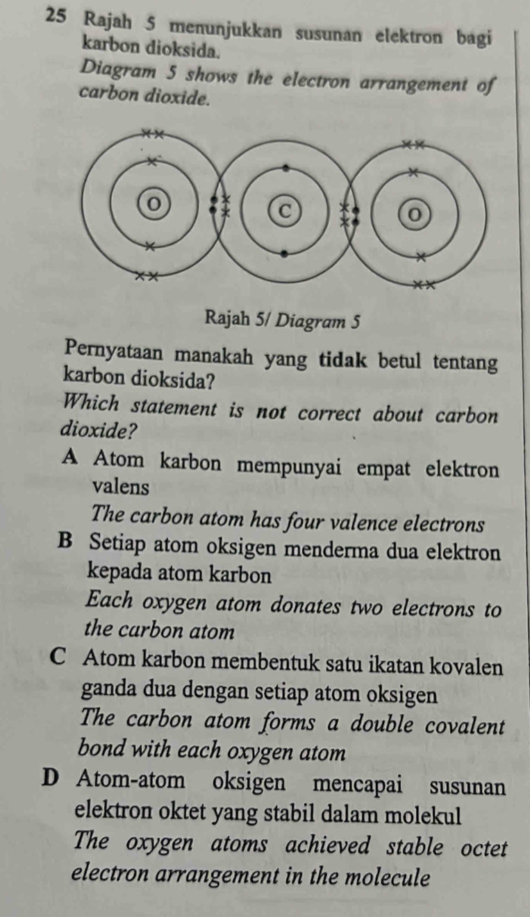 Rajah 5 menunjukkan susunan elektron bagi
karbon dioksida.
Diagram 5 shows the electron arrangement of
carbon dioxide.
Rajah 5/ Diagram 5
Pernyataan manakah yang tidak betul tentang
karbon dioksida?
Which statement is not correct about carbon
dioxide?
A Atom karbon mempunyai empat elektron
valens
The carbon atom has four valence electrons
B Setiap atom oksigen menderma dua elektron
kepada atom karbon
Each oxygen atom donates two electrons to
the carbon atom
C Atom karbon membentuk satu ikatan kovalen
ganda dua dengan setiap atom oksigen
The carbon atom forms a double covalent
bond with each oxygen atom
D Atom-atom oksigen mencapai susunan
elektron oktet yang stabil dalam molekul
The oxygen atoms achieved stable octet
electron arrangement in the molecule