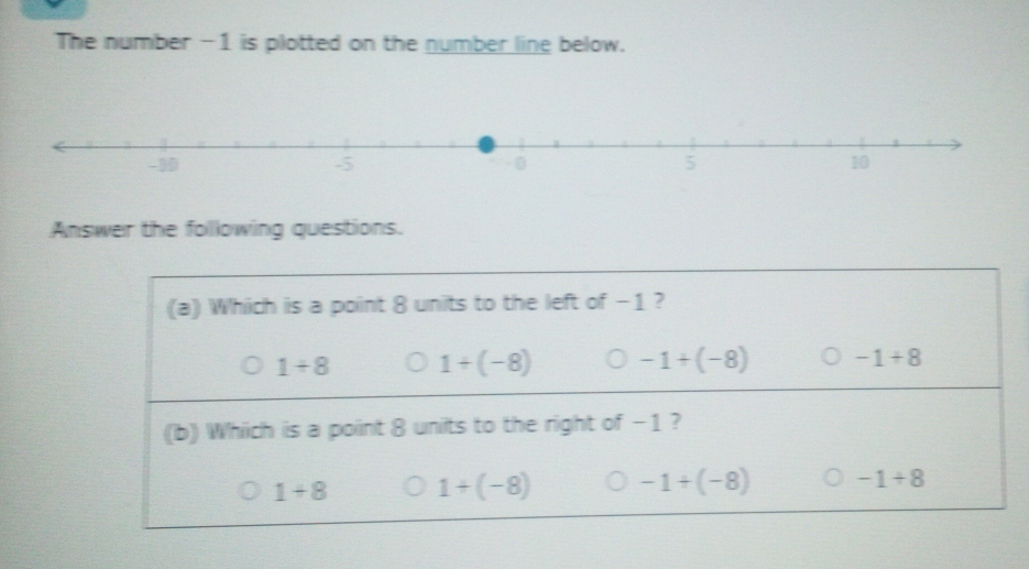 The number -1 is plotted on the number line below.
-30 -5 - 0 5 10
Answer the following questions.
(a) Which is a point 8 units to the left of -1 ?
1+8 1+(-8) I -1+(-8) -1+8
(b) Which is a point 8 units to the right of -1 ?
1+8 1+(-8) -1+(-8) -1+8