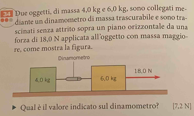 ≤4] Due oggetti, di massa 4,0 kg e 6,0 kg, sono collegati me- 
diante un dinamometro di massa trascurabile e sono tra- 
scinati senza attrito sopra un piano orizzontale da una 
forza di 18,0 N applicata all’oggetto con massa maggio- 
re, come mostra la figura. 
Qual è il valore indicato sul dinamometro? [7,2N]