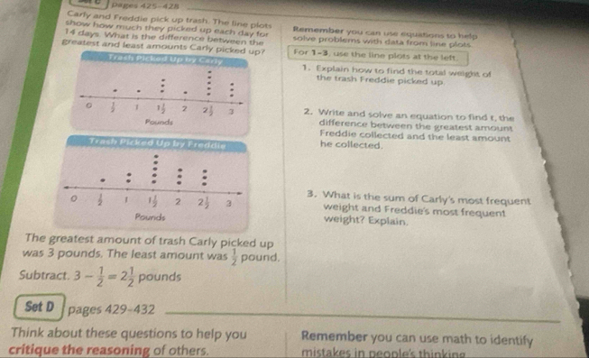 Solved: Pages 425-428 Carly and Freddie pick up trash. The line plot ...