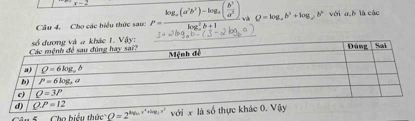 x-2
Câu 4. Cho các biểu thức sau: P=frac log _a(a^3b^2)-log _a( b^3/a^2 )log _ab+1. và Q=log _ab^3+log _a^2b^6 với a,b là các
Câu 5   Cho biểu thức Q=2^(log _16)x^4+log _2x^2