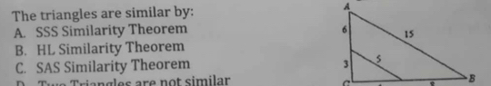 The triangles are similar by:
A. SSS Similarity Theorem
B. HL Similarity Theorem
C. SAS Similarity Theorem 
Criangles are not similar