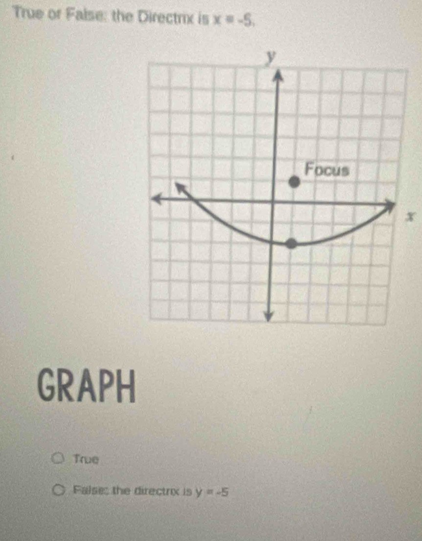 Solved: True or False: the Directrix is x=-5, x GRAPH True Falses the ...