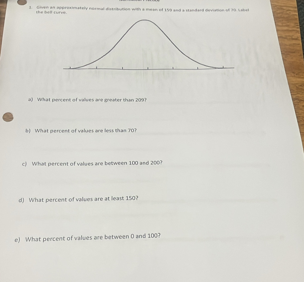 Given an approximately normal distribution with a mean of 159 and a standard deviation of 70. Label 
the bell curve. 
a) What percent of values are greater than 209? 
b) What percent of values are less than 70? 
c) What percent of values are between 100 and 200? 
d) What percent of values are at least 150? 
e) What percent of values are between 0 and 100?