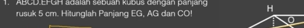 ABCD. EFGH adalah sebuah kubus dengan panjang 
H 
rusuk 5 cm. Hitunglah Panjang EG, AG dan CO!