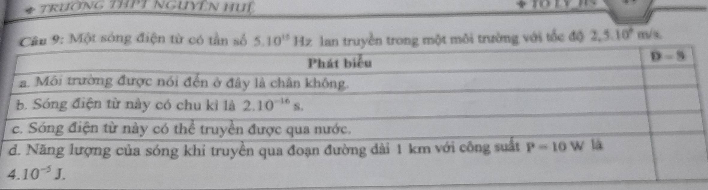 trường tHPT NgUYên HUệ
Câu 9: Một sóng điện từ có tần số 5.10^(10)Hz lan truyền trong một môi trường với tốc độ 2,5.10° m/s