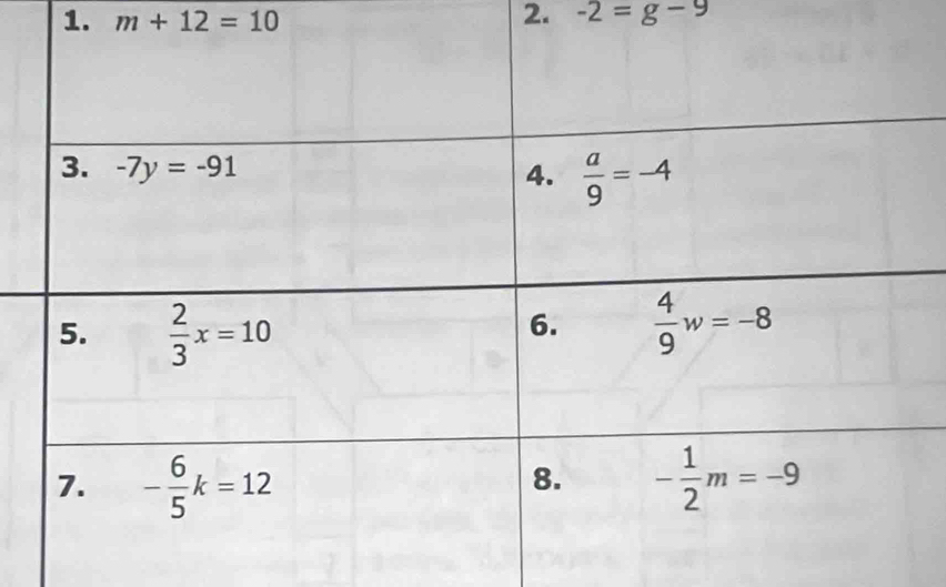 m+12=10 2. -2=g-9