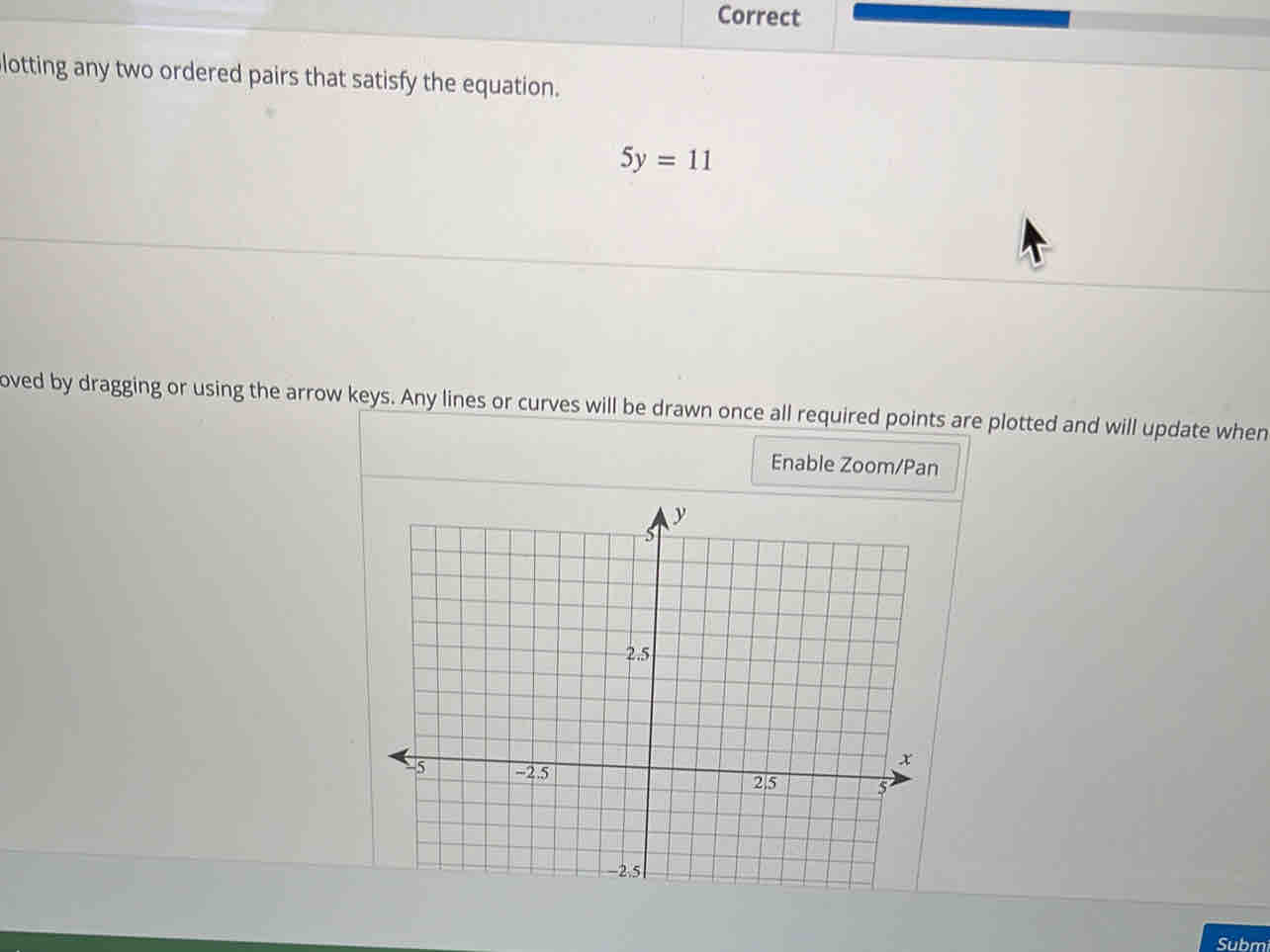 Correct 
lotting any two ordered pairs that satisfy the equation.
5y=11
oved by dragging or using the arrow keys. Any lines or curves will be drawn once all required points are plotted and will update when 
Enable Zoom/Pan 
Subm