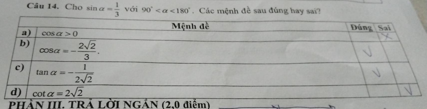 Cho sin alpha = 1/3  với 90° <180°.  Các mệnh đề sau đúng hay sai?
PHẢN III.