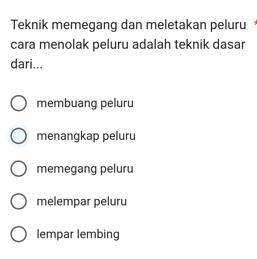 Teknik memegang dan meletakan peluru 
cara menolak peluru adalah teknik dasar
dari...
membuang peluru
menangkap peluru
memegang peluru
melempar peluru
lempar lembing