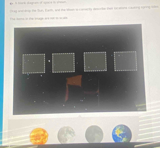 A blank diagram of space is shown. 
Drag and drop the Sun, Earth, and the Moon to correctly describe their locations causing spring tides. 
The items in the image are not to scale.