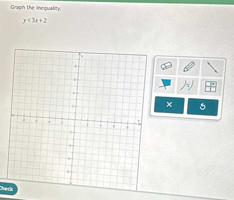 Graph the Inequality.
y<3x+2
× 
Check