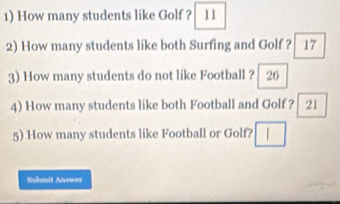 How many students like Golf ? 11
2) How many students like both Surfing and Golf ? 17
3) How many students do not like Football ? 26
4) How many students like both Football and Golf ? 21
5) How many students like Football or Golf? □ 
Submit Answer