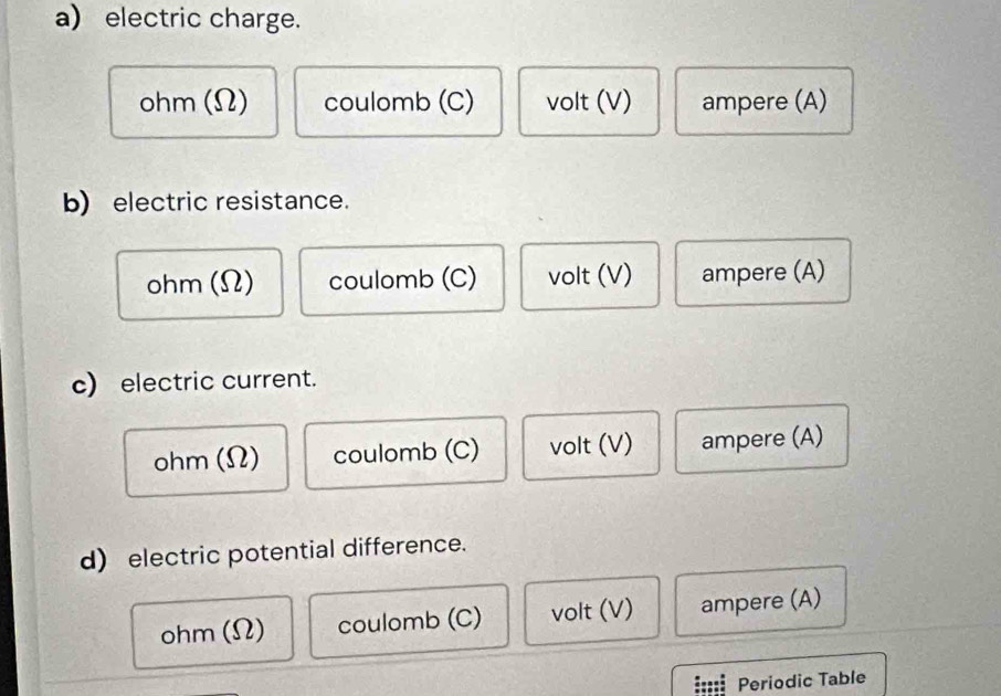 electric charge.
ohm (Ω) coulomb (C) volt (V) ampere (A)
b) electric resistance.
ohm (Ω) coulomb (C) volt (V) ampere (A)
c) electric current.
ohm (Ω) coulomb (C) volt (V) ampere (A)
d) electric potential difference.
ohm (Ω) coulomb (C) volt (V) ampere (A)
Periodic Table