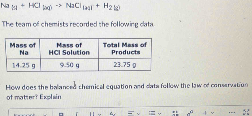 Na_(s)+HCl_(aq)to NaCl_(aq)+H_2(g)
The team of chemists recorded the following data. 
How does the balanced chemical equation and data follow the law of conservation 
of matter? Explain 
R I U A = 1 sigma° + v.