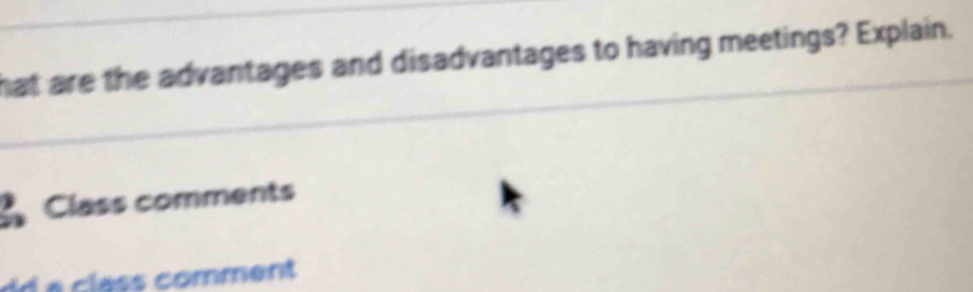 hat are the advantages and disadvantages to having meetings? Explain. 
Class comments 
a cl a ss comment