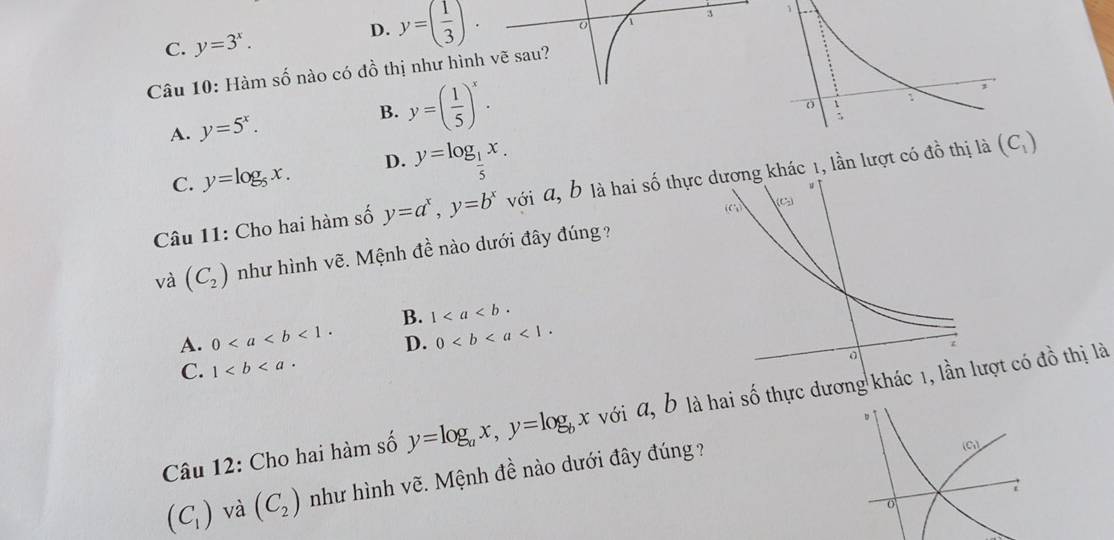 D. y=( 1/3 ). o 1
C. y=3^x. 3 1
Câu 10: Hàm số nào có đồ thị như hình vẽ sau?
B.
A. y=5^x. y=( 1/5 )^x.
C. y=log _5x. D. y=log _ 1/5 x.
Câu 11: Cho hai hàm số y=a^x,y=b^x với a, b là hai số khác 1, lần lượt có đồ thị
và (C_2) như hình vẽ. Mệnh đề nào dưới đây đúng ?
A. 0<1. B. 1
D. 0<1.
C. 1
Câu 12: Cho hai hàm số y=log _ax,y=log _bx với a, b là hai số thực dương khác 1đồ thị là
(C_1) và (C_2) như hình vẽ. Mệnh đề nào dưới đây đúng  ?