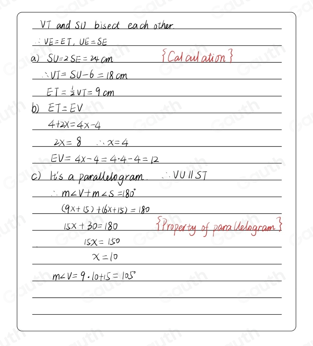 Solved: Directions: Quadrilateral STUV is a parallelogram, VT and SU ...