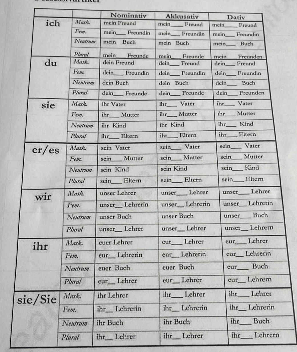 Nominativ Akkusativ Dativ 
Plural ihr_ Lehrer ihr_ Lehrer ihr_ Lehrern