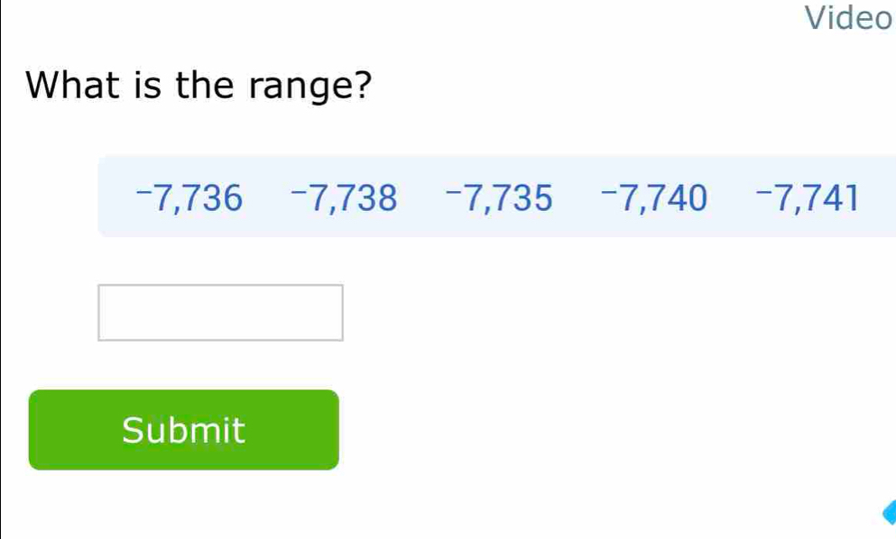 Video
What is the range?
−7,736 −7,738 -7,735 -7,740 −7,741
Submit