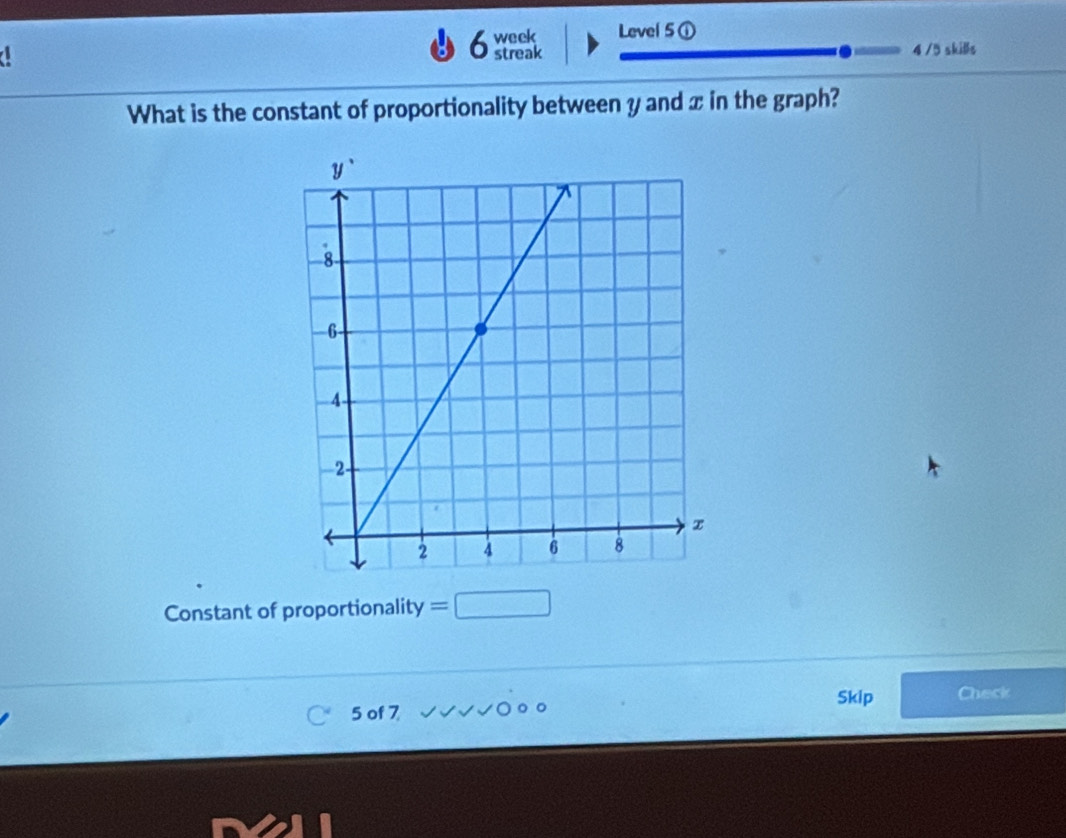 week Level 5 ①
a 4 /5 skills
streak
What is the constant of proportionality between y and x in the graph?
Constant of proportionality =□
Skip Check
5 of 7