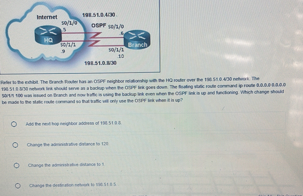 Solved: Refer to the exhibit. The Branch Router has an OSPF neighbor ...