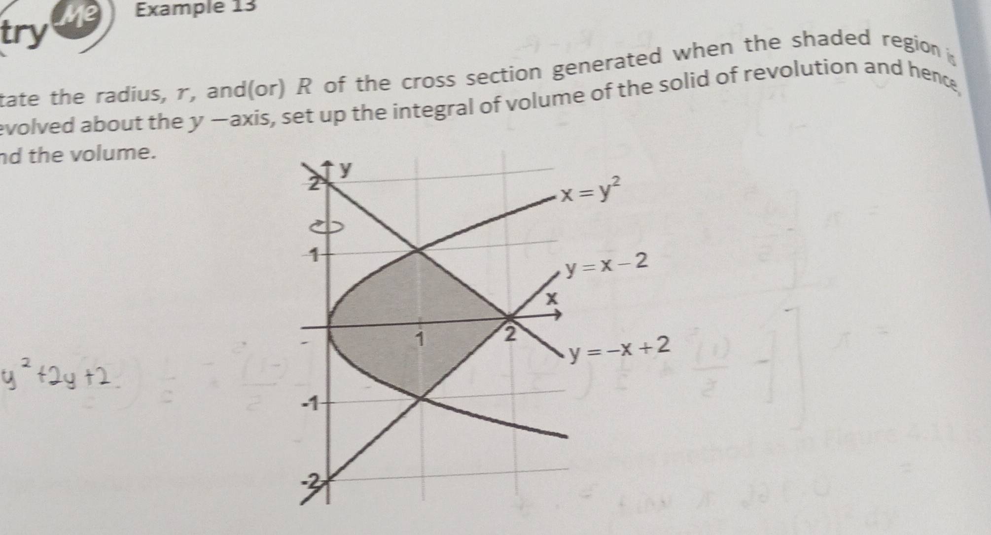 Example 13
try
tate the radius, r, and(or) R of the cross section generated when the shaded region 
evolved about the y —axis, set up the integral of volume of the solid of revolution and hence
nd the volume.