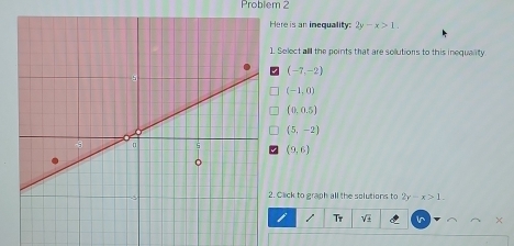 Problem 2
re is an inequality: 2y-x>1. 
Select alll the points that are sollutions to this inequality
(-7,-2)
(-1,0)
(0,0.5)
(5,-2)
(9,6)
Click to graph all the solutions to 2y-x>1. 
Tr V+ in