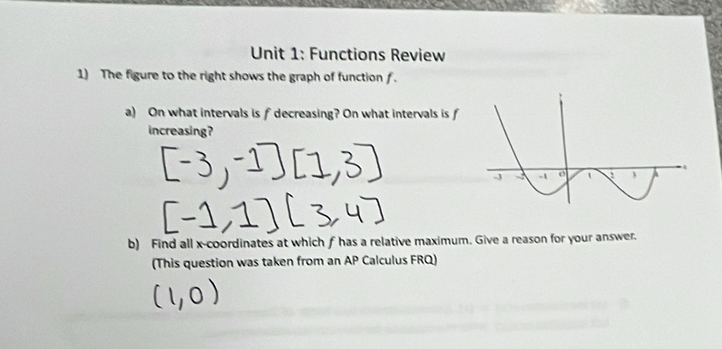 Functions Review 
1) The figure to the right shows the graph of function f. 
a) On what intervals is f decreasing? On what intervals is f
increasing? 
b) Find all x-coordinates at which f has a relative maximum. Give a reason for your answer. 
(This question was taken from an AP Calculus FRQ)