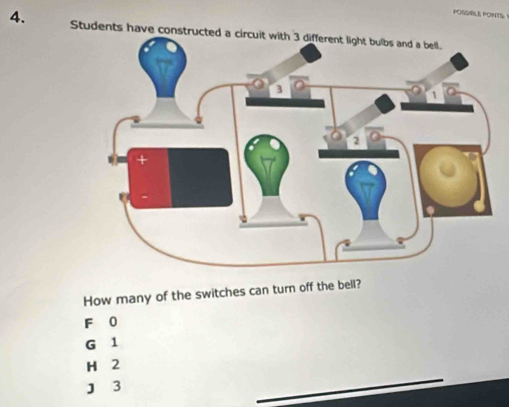 POSSIBLE POINT S 
4. Students have constructed a circuit with 3 different light bulbs and a bell.
How many of the switches can turn off the bell?
F 0
G 1
H 2
J 3