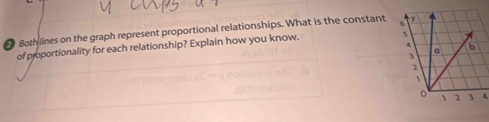 Both lines on the graph represent proportional relationships. What is the constant 
of proportionality for each relationship? Explain how you know.