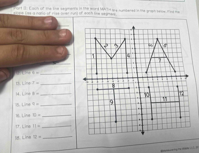 Part II: Each of the line segments in the word MATH are numbered in the graph below. Find the 
slope (as a ratio of rise over run) of each line segment.
10. 
.
P B . 6
1 4
, 7
2 
12. Line 6= _ 
. . 
13. Line 7= _. 4 4 4 3 . ., 1
8 4
14. Line 8= _ 
10 12
11 
15. Line q= _9 -5
4 
16. Line 10= _ 
. 
17. Line 11= _ . 
10 
18. Line 12=
_ 
©Maneuvering the Middls LLC, 20