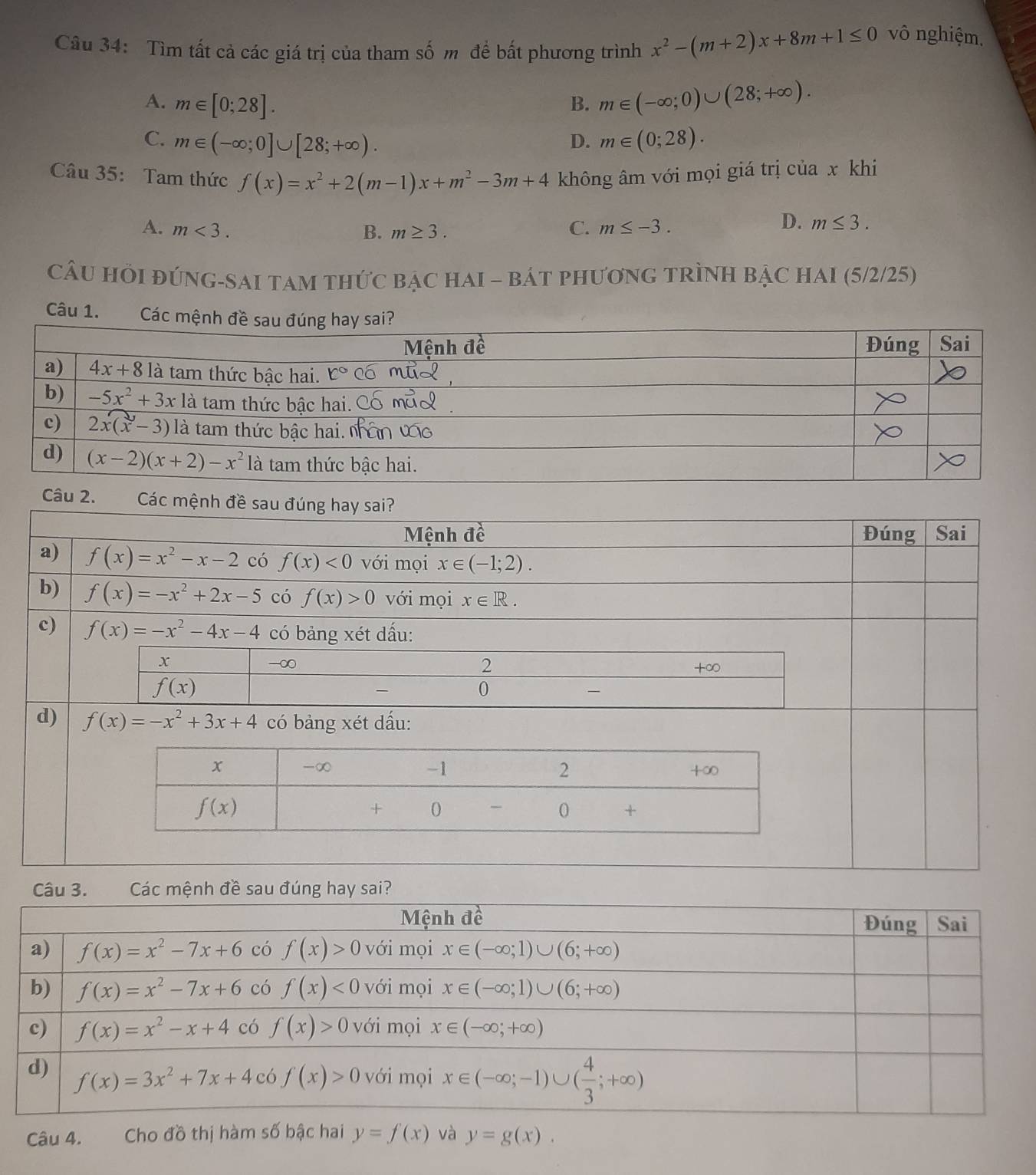 Tìm tất cả các giá trị của tham số m để bất phương trình x^2-(m+2)x+8m+1≤ 0
vô nghiệm.
A. m∈ [0;28]. B. m∈ (-∈fty ;0)∪ (28;+∈fty ).
C. m∈ (-∈fty ;0]∪ [28;+∈fty ). D. m∈ (0;28).
Câu 35: Tam thức f(x)=x^2+2(m-1)x+m^2-3m+4 không âm với mọi giá trị của x khi
A. m<3. B. m≥ 3. C. m≤ -3.
D. m≤ 3.
CÂU HÕI ĐỨNG-SAI TAM THứC BẠC HAI ~ báT PHươnG TRÌNH BẠC HAI (5/2/25)
Câu 1. Cá
Câu 2. Các mệnh đề sau đúng hay sai?
Mệnh đề Đúng Sai
a) f(x)=x^2-x-2 có f(x)<0</tex> với mọi x∈ (-1;2).
b) f(x)=-x^2+2x-5 có f(x)>0 với mọi x∈ R.
c) f(x)=-x^2-4x-4 có bảng xét dấu:
x
-∞
2
+∞
f(x)
0
-
d) f(x)=-x^2+3x+4 có bảng xét dấu:
Câu 3. Các mệnh đề sau đúng hay sai?
Câu 4. Cho đồ thị hàm số bậc hai y=f(x) và y=g(x).