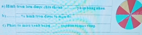 Hinh tron ben được chia thanh .……… phan băng nhau. 
b) …... @ hinh tron được to man do. 
c) Phan to mau xanh bang .. .. sophan to mau vàng.