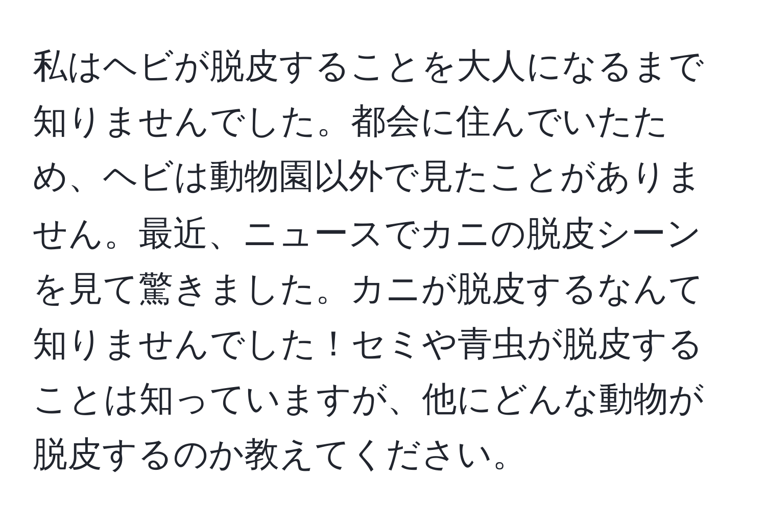 私はヘビが脱皮することを大人になるまで知りませんでした。都会に住んでいたため、ヘビは動物園以外で見たことがありません。最近、ニュースでカニの脱皮シーンを見て驚きました。カニが脱皮するなんて知りませんでした！セミや青虫が脱皮することは知っていますが、他にどんな動物が脱皮するのか教えてください。