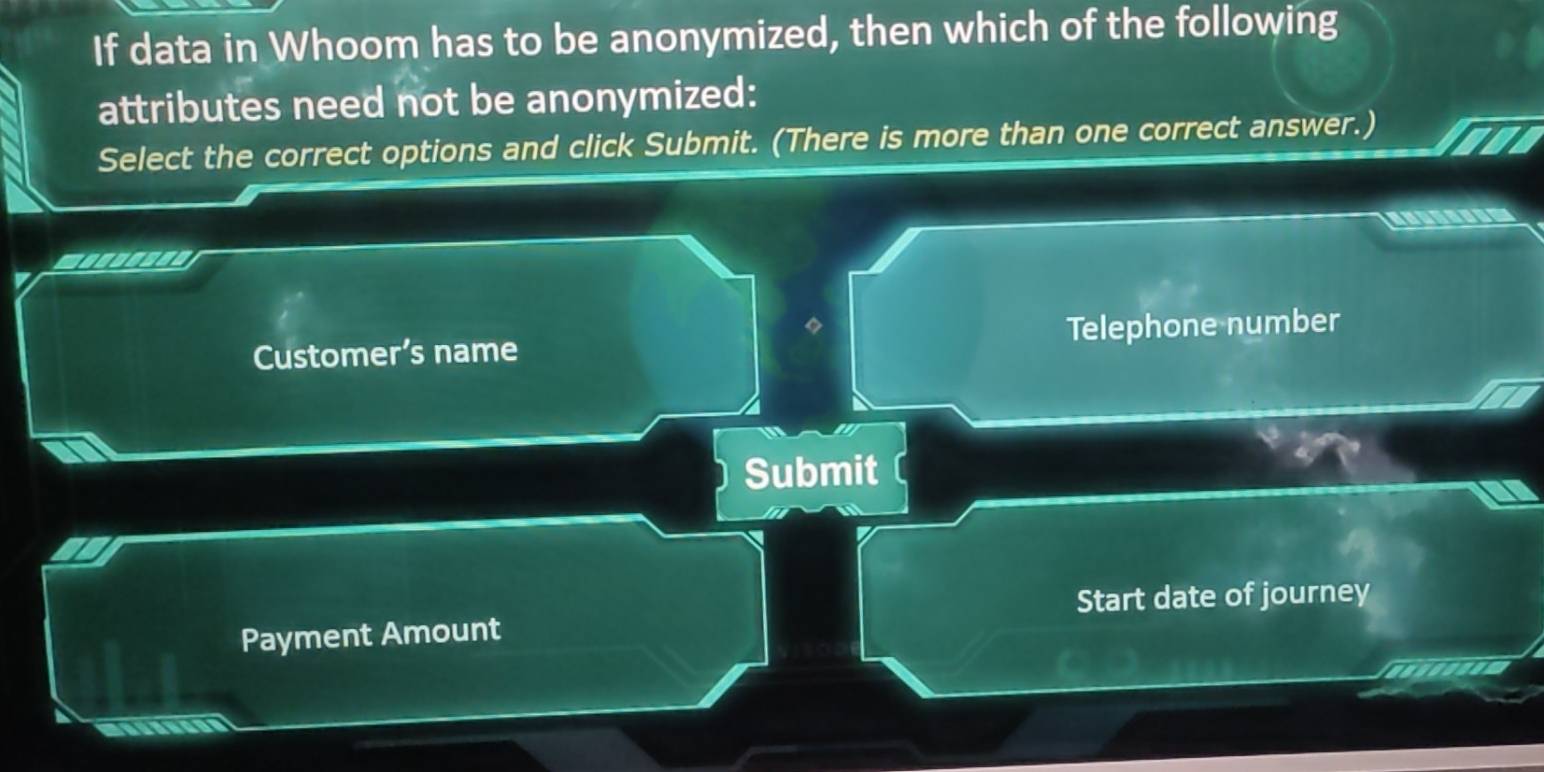 If data in Whoom has to be anonymized, then which of the following
attributes need not be anonymized:
Select the correct options and click Submit. (There is more than one correct answer.)
Customer’s name Telephone number
Submit
Start date of journey
Payment Amount