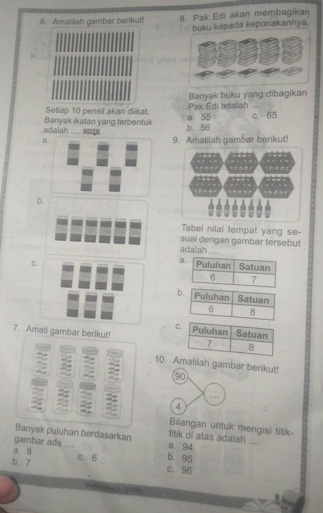 Amatilah gambar berikut! 8. Pak Edi akan membagikan
buku kepada keponakannya.
Banyak buku yang dibagikan
Setiap 10 pensil akan diikat. Pak Edi adalah ....
Banyak ikatan yang terbentuk
a. 55 c. 65
adalah .... HoTS
b. 56
a.9. Amatilah gambar berikut!
b.
Tabel nilai tempat yang se-
suai dengan gambar tersebut
adalah ....
a
C.
b
7. Amati gambar berikut!

10. Amatilah gambar berikut!
yu pu a
so do a
ae
aa
90. . 
a
an
_
4

Bilangan untuk mengisi titik-
Banyak puluhan berdasarkan
titik di atas adalah ....
gambar ada ....
a. 94
a. 8 c. 6
b. 7
b. 95
c. 96