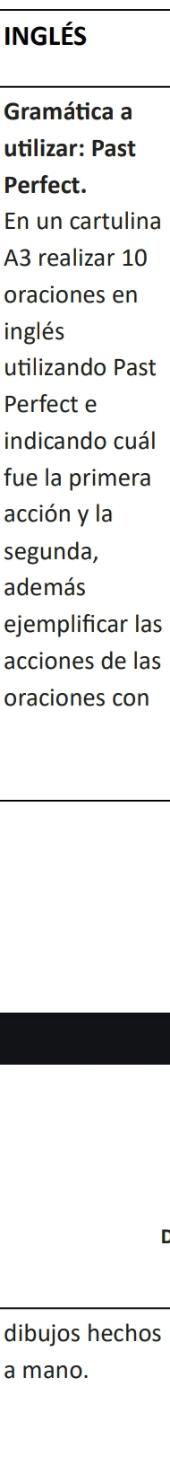 INGLéS 
Gramática a 
utilizar: Past 
Perfect. 
En un cartulina 
A3 realizar 10
oraciones en 
inglés 
utilizando Past 
Perfect e 
indicando cuál 
fue la primera 
acción y la 
segunda, 
además 
ejemplificar las 
acciones de las 
oraciones con 
C 
dibujos hechos 
a mano.