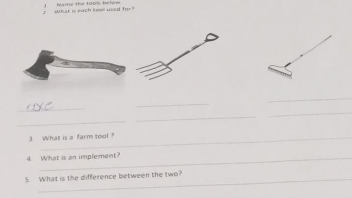 Name the tools below 
2 What is each tool used for? 
_ 
_ 
_ 
_ 
_ 
_ 
3. What is a farm tool ? 
4. What is an implement? 
5. What is the difference between the two?