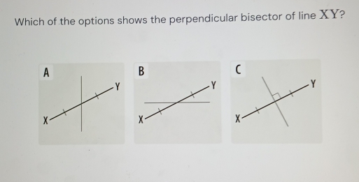 Which of the options shows the perpendicular bisector of line XY? 
A 
B
-Y
-Y
X